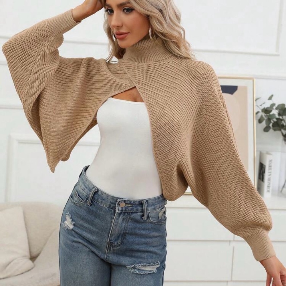 Turtleneck Batwing Sleeve Wrap Cross Crop Sweater